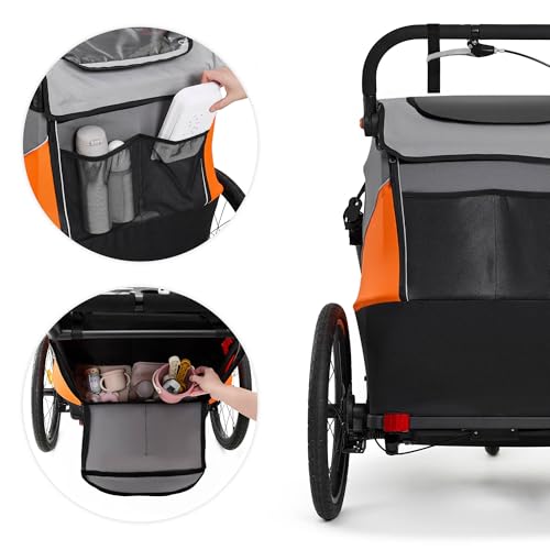 Kinderkraft NAVA 3in1, Kinderwagen, Laufwagen und Fahrradanhänger, für ein oder zwei Kinder (bis 44 kg), Sonnenschutz, zwei unabhängige Bremsen, Aluminiumrahmen, leicht zu falten,Orange