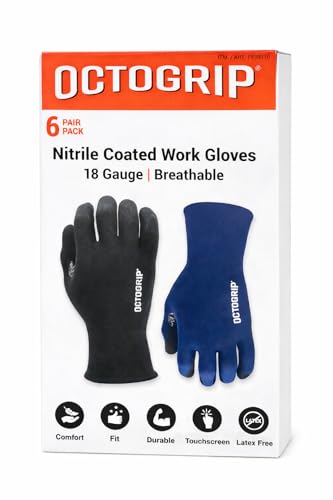 Octogrip Nitrile Coated Work Gloves 18-Gauge Breathable Liner Touchscreen Compatible Large 6 Pair Pack