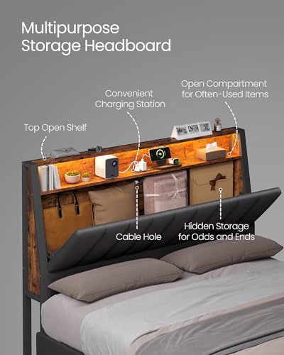 VASAGLE LED Bed Frame Full Size, Storage Headboard and Charging Station, Full Bed Frame with 2 AC Outlets, 1 USB Port, 1 Type-C Port, No Box Spring Needed, Ink Black and Rustic Brown URMB842B01