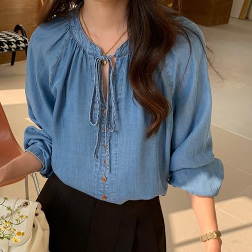 Women's Denim Pullover Puff Long Sleeve Tie Front Loose Cute Going Out Jean Shirts2