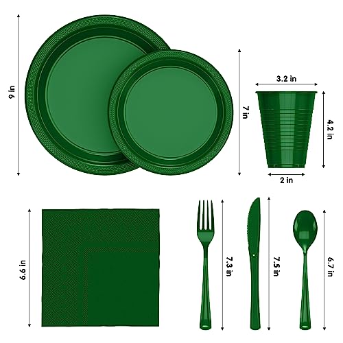 Image of Exquisite 350 Pcs Dark Green Plates and Napkins Party Supplies Plate Set | Sturdy Plastic Dinnerware Set With 9 inch & 7 inch Plates, 12 Oz Cups, Lunch Napkins and Cutlery Serves 50 for Birthdays & Everyday