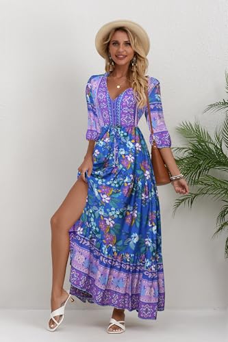 Image of Women Short Sleeve V Neck Floral Print Casual Bohemian Maxi Dresses
