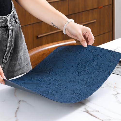 Image of Yelona Premium Faux Leather Placemat Set of 4 | Printed Floral Design, Waterproof & Heat Resistant Table Mat | Non-Slip, Washable for Dining, Kitchen & Home Decor (Dark Blue, 43 x 30 cm)