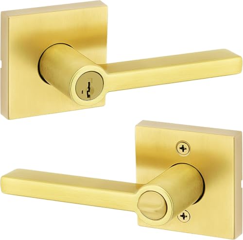 Image of Kwikset Halifax Entry Door Handle with Lock and Key,Secure Keyed Reversible Lever Exterior,for Front Entrance and Bedrooms,Satin Brass,Pick Resistant Smartkey Rekey Security & Microban (Pack of 12)