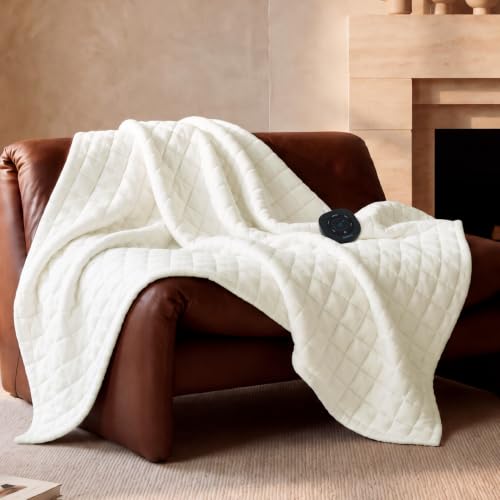Image of Bedsure Luxury Quilted Heated Throw Blanket, Thick Electric Blanket, Ivory