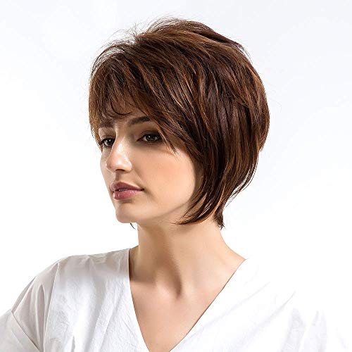 Perruque cheveux mélangés brune pour masquer la perte de cheveux avec frange - 2