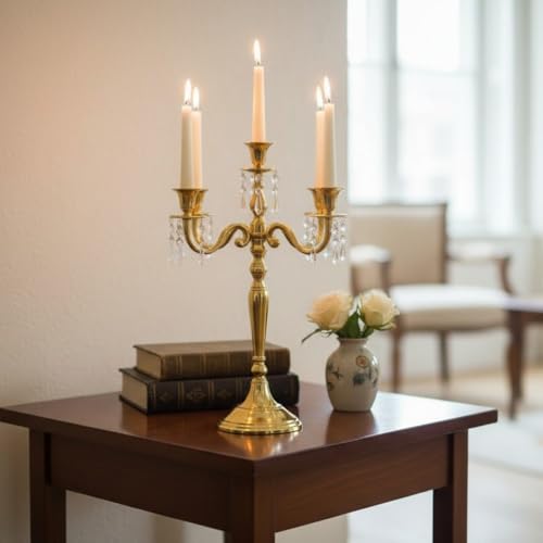 Image of Premium 24 Inch Golden Aluminum 5-Arm Candle Stand with Crystal Hangings | Luxury Centerpiece for Home Decor, Weddings, Festive Decoration & Dining Table