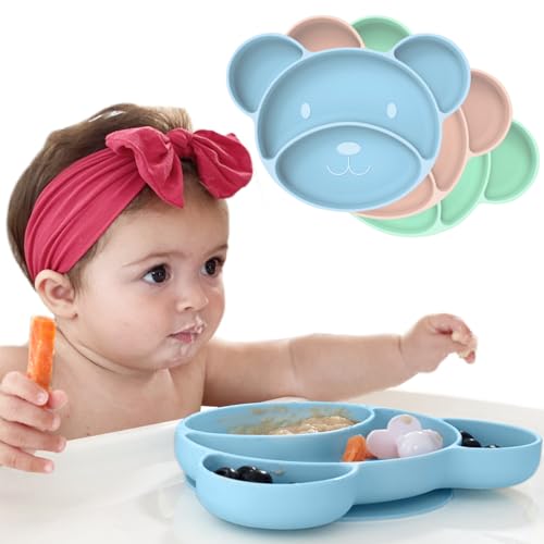 Image of Suction Plates for Baby and Toddler Plates - Non Slip Baby Plates with Suction Silicone Plates for Baby and Kids for No More Meal Time Mess - Stay Put Divided Silicone Placemat - Blue