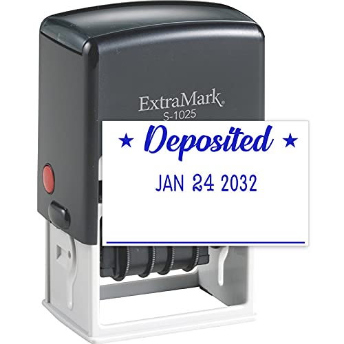 ExtraMark S-1025 Professional Self Inking Office Date Stamp with "DEPOSITED" Phrase – Style P - Blue Color Ink
