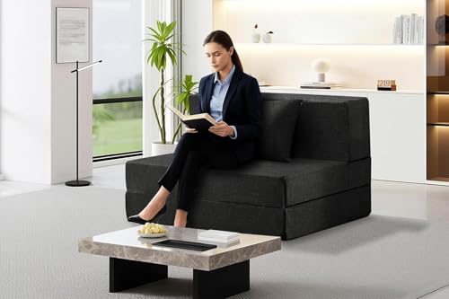 Image of Los Angeles Foldable One Seater Sofa Cum Bed, Sofa Bed 3 X 6 Feet, Jute Fabric Washable Cover- Including One Cushion Perfect for Home & Office, Guest Room - Black Color