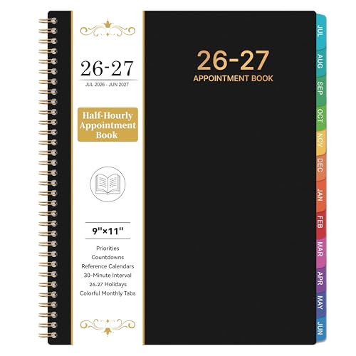 Appointment Book 2026-2027 - Planner 2026-2027 9 x 11 July 2026 - June 2027 Daily Hourly Planner with 30-Minute Interval Weekly & Monthly Colorful Monthly Tabs Inner Pocket - Black
