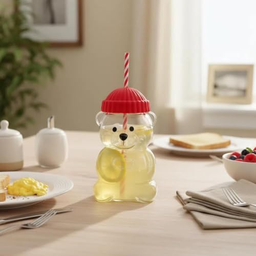 Image of New Black Bear Straw Cup 600ML Cute Bear Glass Tumbler with Reusable Straw - Viral Animal Design for Smoothies, Boba & Iced Coffee (Red, 600 ml, Glass)