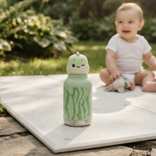 Image of JOUET Kids Stainless Steel Water Bottle 280ml with Cute Green Dinosaur Character Lid, Leakproof Drinking Bottle for School, Travel & Daily Use
