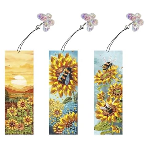 pigpigboss 3 Pieces Sunrise Sunflower Bookmark Diamond Painting Kit, Acrylic Bookmark Diamond Art Painting, Sunflower and Bee Diamond Painting Bookmark with Pendant for Adult Book Decor Cover