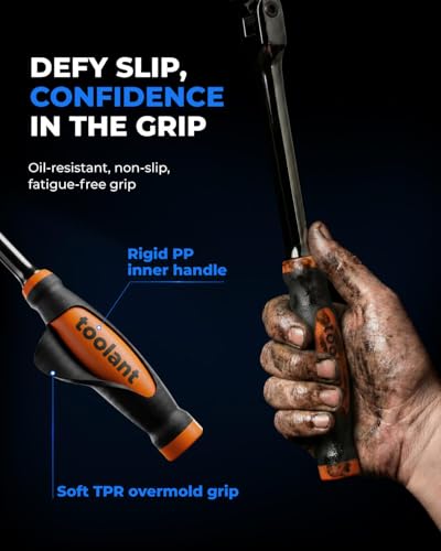 Image of toolant 3 /8 inch Drive Flex Head Ratchet Wrenches with Orange Rubber Handle, 90 Tooth Compact Flex Head Socket Ratchet Wrench, 12 Inch Length