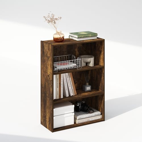 Image of Furinno Simple Book Shelf, 3-Tier Bookshelf, Storage Shelves Bookcase, 9.7 x 23.7 x 31.5, for Living Room, Bedroom, Home Office, Amber Pine