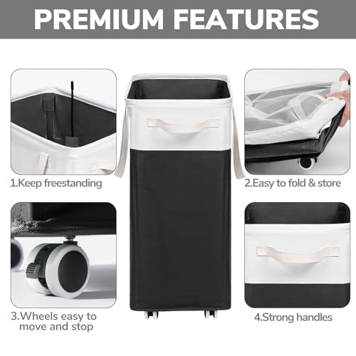 Image of Goodpick Hamper with Wheels 75L 2-Pack, Tall Laundry Basket with Removable Wash Bags, Rolling Black Laundry Hamper for Corner Dorm, Large Collapsible Laundry Baskets