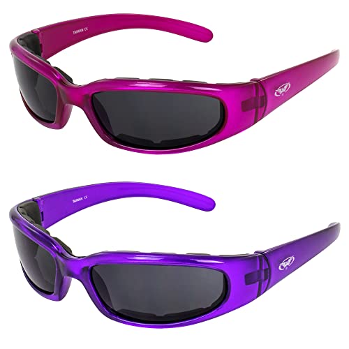 Global Vision 2 Pairs Chicago Padded Motorcycle Sunglasses for Women Scratch-Resistant Pink & Purple Frames w/Super Dark Lenses