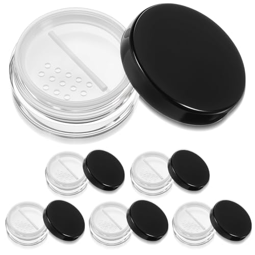 6 recipientes de polvo suelto recargables de 10 ml, de plástico, vacíos, pequeños, compactos, reutilizables, sin fugas, compactos, con tamiz giratorio y tapa de rosca negra