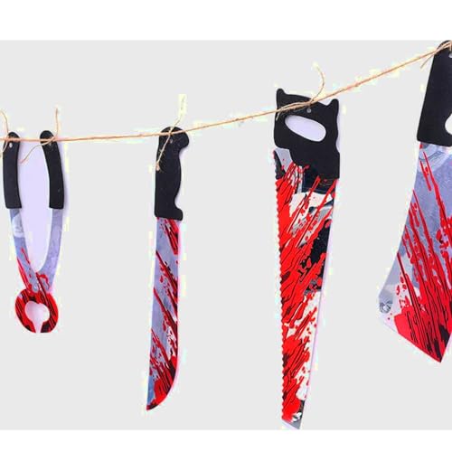 Lot de 6 guirlandes décoratives de 1,8 m avec pince, scie, guirlande de couteaux, sang, Halloween, horreur, décorations de fête, couteaux sanglants