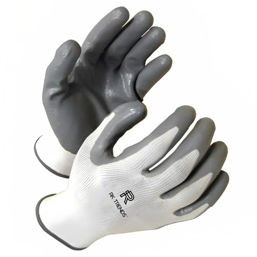 Image of Pack Of 24 Pairs Grey-White Nitrile Coated Safety Gloves - Heavy-Duty Protection for Work and Home