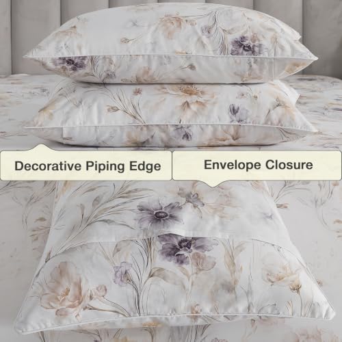 Image of Vintage Brown Floral Percale Bed Sheets Full Size Deep Pocket 4Pcs | 100% Cotton White Flower Sheet Set, Blooms Printed Shabby Chic Sheets, Cottagecore Luxury Bedding, Farmhouse, Soft Crisp