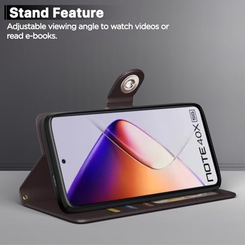 Image of Pikkme Flip Cover Leather Finish | Inside TPU with Card Pockets | Wallet Stand and Shock Proof | Complete Protection Button Flip Case for Infinix Note 40X 5G(Coffee)