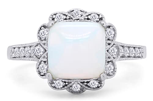 SAVEARTH DIAMONDS Cushion Cut 7MM Center Synthetic Opal Gemstone & Round Cut Sparkling Cubic Zirconia Halo Solitaire Engagement Ring In 14k Gold Over Sterling Silver Jewelry For Women2