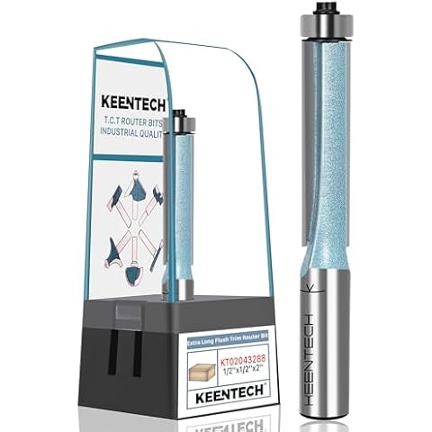 KEENTECH Router Bits 1/2" Shank, Flush Trim Router Bit, Extra Long Bearing Carbide Tipped Pattern Bit, Template Straight Heavy Duty Woodworking Trimming Cutting Tool for Wood, 1/2" Diameter, 2" Depth Cover