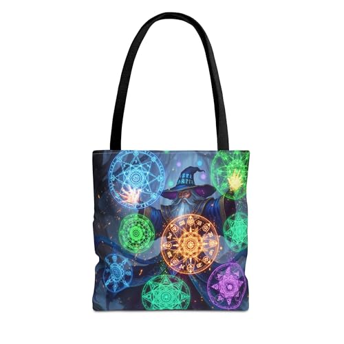 Premium Tote Bag featuring a Vividly Colored Wizard Casting Spells Shaped like Mandalas with Reinforced Stitching