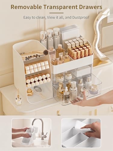 Image of Booklov Makeup Organizer for Vanity, Countertop Cosmetic Display Case with Clear Acrylic Drawers, Bathroom Counter Beauty Caddy, Cute Table Storage Holder for Skincare, Brush Lipsticks, Crystal White