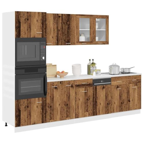 GeenYuu 7-TLG Lyon - Juego de muebles de cocina con aspecto de madera envejecida con espacio de almacenamiento, patas ajustables, armarios colgantes y cajones para cocina y hogar