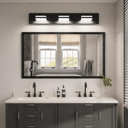 Image of Black Modern LED Bathroom Vanity Light Fixtures over Mirror (22 in 3-Light) | Rotatable Heads, Dimmer Compatible, Wall Mount, Square Shape Design