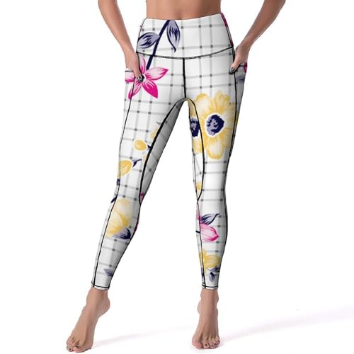 Legging fitness femmes fleur jaune pantalon sport yoga taille haute running gym S