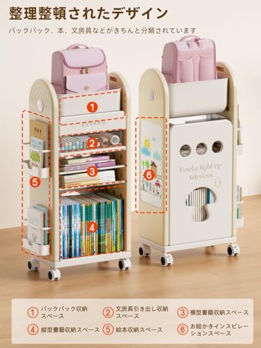 Bxzzuisランドセルラック 収納ワゴン 教科書 ラック キャスター付 本棚 子供用 3段/5段 おしゃれ 大容量 子供部屋 収納家具 勉強道具 教科書 文具収納 お絵かきボード付き 幼稚園 小学校 入学準備 卒業祝い (ベージュ,3段) [4]