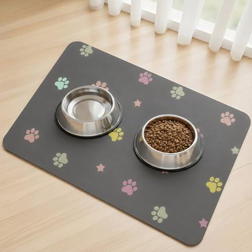 Dog Food Mat Water Absorbent Cat Dog Mat for Food and Water Bowl, Non Slip Pet Feeding Mat No Stains Dog Feeding mat, Quick Dry (Dark Grey-Star Paws, 30 x 50 cm)