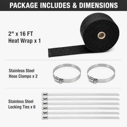 Image of 2 inch x 16 Ft Black Exhaust Heat Wrap Kit for Motorcycle Car - Fiberglass Header Wrap Heat Shield Tape with 6 Stainless Steel Ties & 2 Adjustable Clamps - Reduces Under-Hood Heat (50mm x 5m)