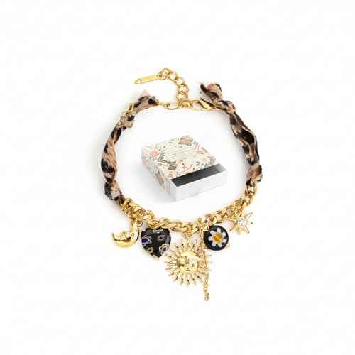 GLUBU Boho Sun and Moon Star Charm Bracelet for Women Bracelet Gold Leopard Print Ribbon Star Bracelets Bandana Bracelet Women's Fashion Accessory