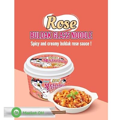 Samyang Buldak Rose Wide Flat Glass Noodles Korean Fire Challenge Microwaveable (2pack x 5.98 oz ea) + 2 OHMARKET Chopsticks|