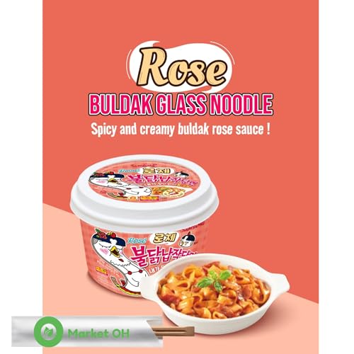 Samyang Buldak Rose Wide Flat Glass Noodles Korean Fire Challenge Microwaveable (2pack x 5.98 oz ea) + 2 OHMARKET Chopsticks| 삼양 로제 불닭 납작당면