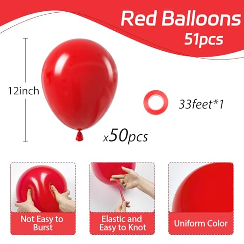 Image of Red Balloons 12 inch, Red 50pcs Party Balloons | Baby Shower, Wedding, Birthday Party Decorations