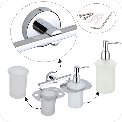 Image of Stainless Steel Toothbrush Holder with Glass Tumbler & Liquid Soap Dispenser Set - Wall Mounted 2-in-1 Bathroom Organizer, Chrome Finish (Square /Frosted Glass) (E 3712)