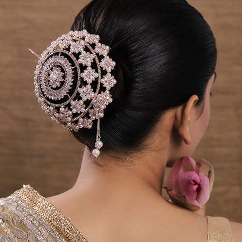 Image of Hair Bun Cage Accessory for Women | Handcrafted Brass Juda Cover with Stick | Anti-Tarnish Traditional Hair Accessory for Wedding & Festive (Sitara Hair Bun (Rose Gold))