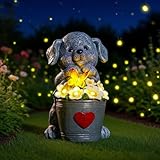 WRQIOO Solar Hund Gartendeko, Hund Gartenfiguren, Hunde Figuren mit Schmetterling Solar Deko für Außen, Wetterfeste Hunde Statue Deko für Garten Balkon Zimmer, Garten De-ko Personalisierte Geschenke