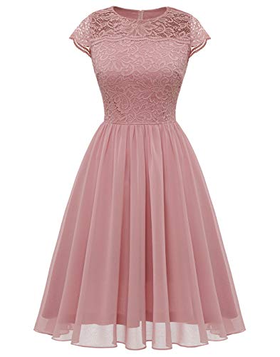 BeryLove Women's Floral Lace Chiffon Short Bridesmaid Cocktail Dress A-line Swing Dress 15BlushXL