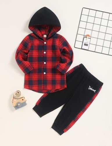 Image of Fuermos Toddler Baby Boys Clothes Flannel Lattice Button Down Hooded Tops +Pants Boys Fall Winter Outfits