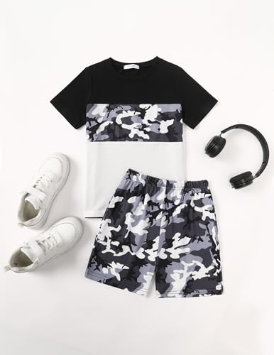 Image of Arshiner Boys' 2-Piece Cotton Outfit Color Block T-Shirt and Shorts Set Summer Camo Clothes for Kids 5-14 Years