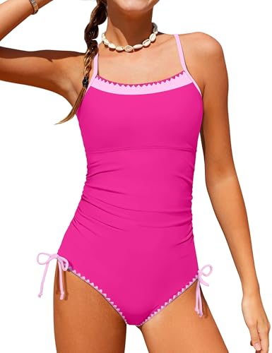 Image of BAVADER Girls Swimsuit One Piece Modest Girls Bathing Suit Solid Square Neck Ruched Adjustable Straps Padded Swimwear 9-16y