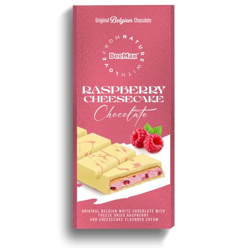 BeeMax Raspberry Cheesecake White Chocolate Bar, Original Belgian White Chocolate with Freeze-Dried Raspberry & Cheesecake-Flavored Cream, 3.36 oz (95 g)