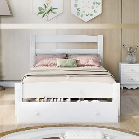 Single Bed,Wooden Bed Frame With Storage Drawer.3FT Bed Platform Solid Wooden Bed For Adults, Kids,Teens, No Box Spring Needed ( White) Cover